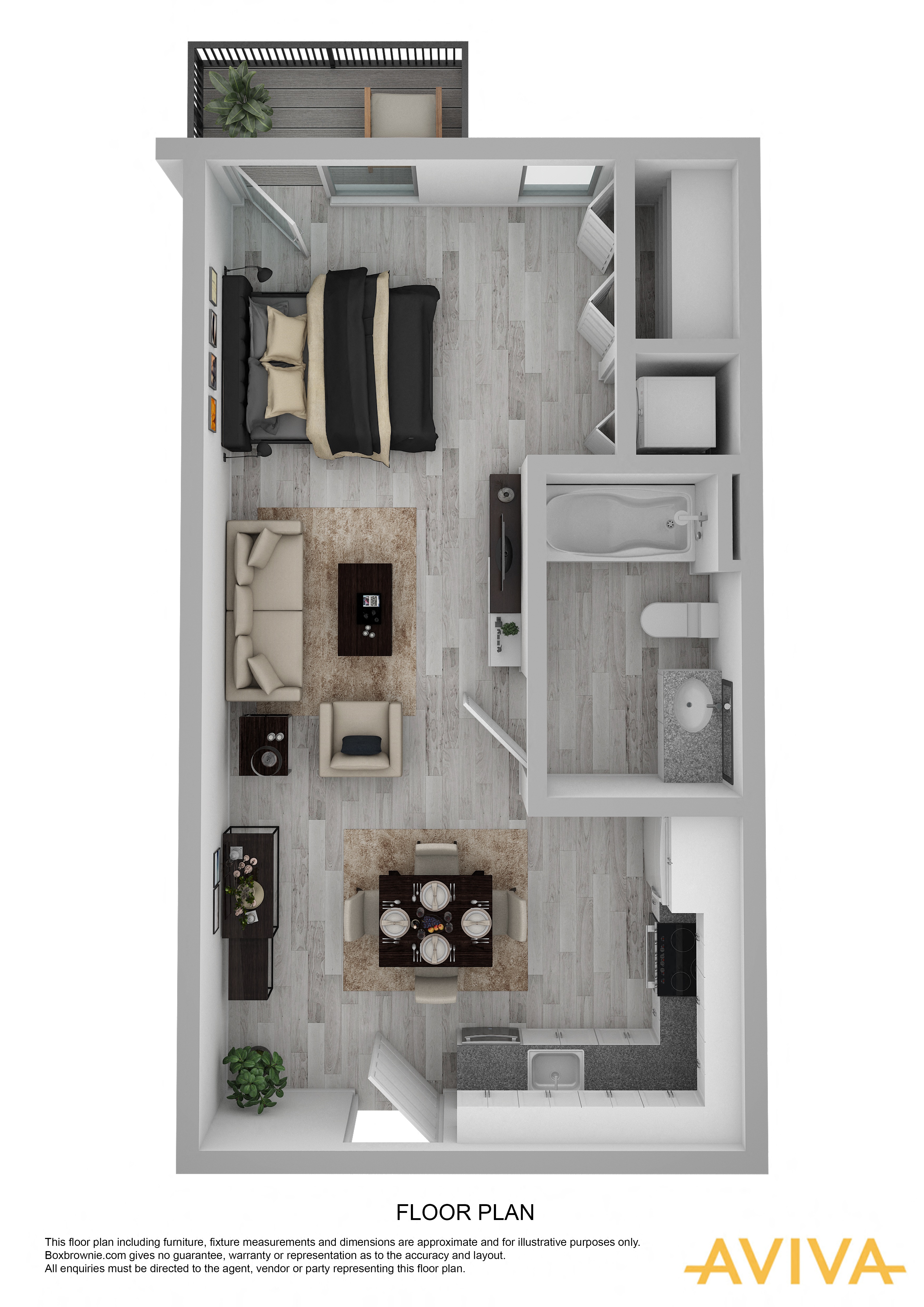 studio apartment floor plan at AVIVA Apartments